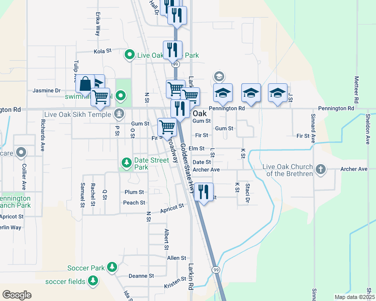 map of restaurants, bars, coffee shops, grocery stores, and more near 9731 Live Oak Boulevard in Live Oak