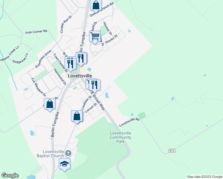 map of restaurants, bars, coffee shops, grocery stores, and more near 30 Park Place in Lovettsville