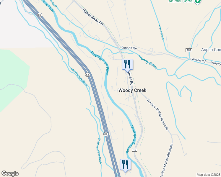 map of restaurants, bars, coffee shops, grocery stores, and more near 253 Liberty Lane in Woody Creek