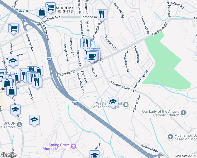 map of restaurants, bars, coffee shops, grocery stores, and more near 6411 Altamont Avenue in Catonsville