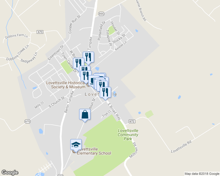 map of restaurants, bars, coffee shops, grocery stores, and more near 11 Park Place in Lovettsville