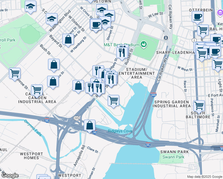 map of restaurants, bars, coffee shops, grocery stores, and more near 1525 Russell Street in Baltimore