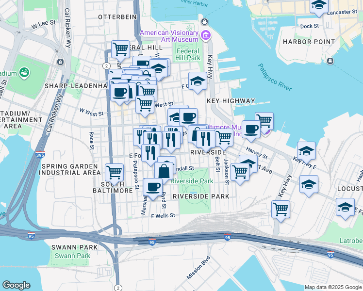 map of restaurants, bars, coffee shops, grocery stores, and more near 1429 Battery Avenue in Baltimore