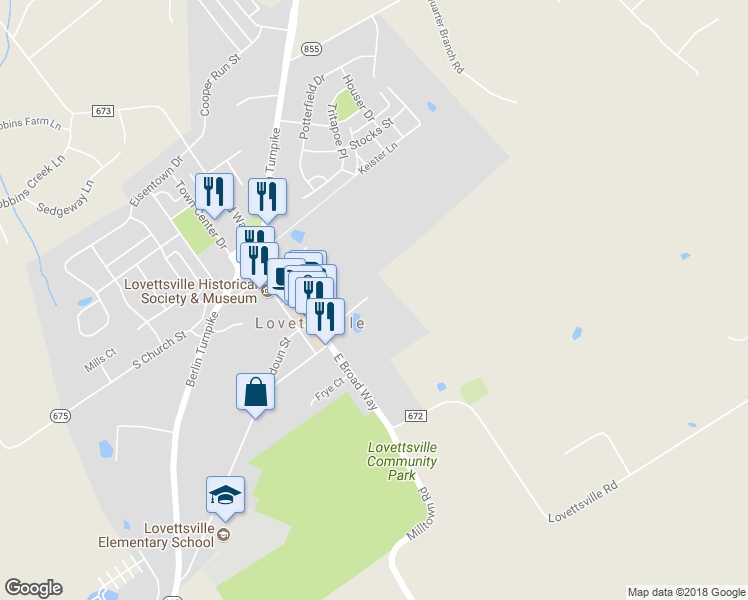 map of restaurants, bars, coffee shops, grocery stores, and more near 28 Park Place in Lovettsville