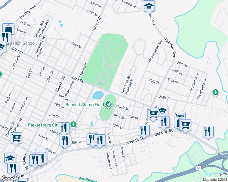 map of restaurants, bars, coffee shops, grocery stores, and more near 2307 Brooklyn Ave in Parkersburg