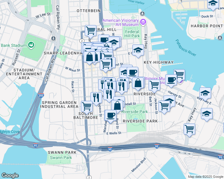 map of restaurants, bars, coffee shops, grocery stores, and more near 104 Birckhead Street in Baltimore