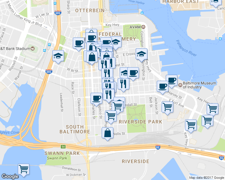 map of restaurants, bars, coffee shops, grocery stores, and more near 104 Birckhead Street in Baltimore