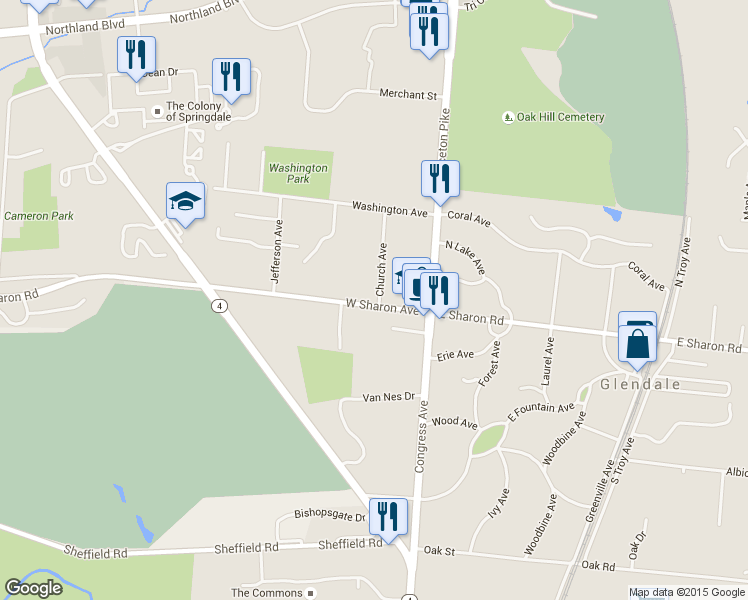 map of restaurants, bars, coffee shops, grocery stores, and more near 61 West Sharon Avenue in Glendale
