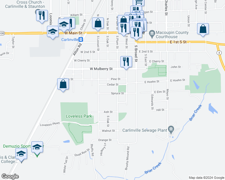 map of restaurants, bars, coffee shops, grocery stores, and more near 724 South Plum Street in Carlinville