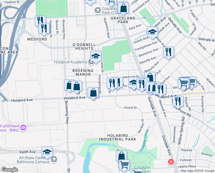 map of restaurants, bars, coffee shops, grocery stores, and more near 6321 Brown Avenue in Baltimore