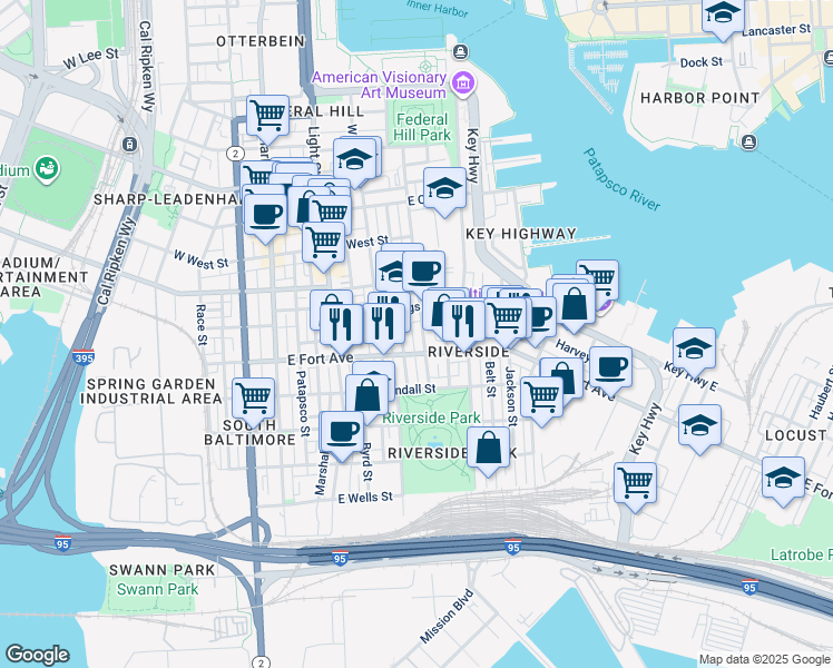 map of restaurants, bars, coffee shops, grocery stores, and more near 1432 Riverside Avenue in Baltimore