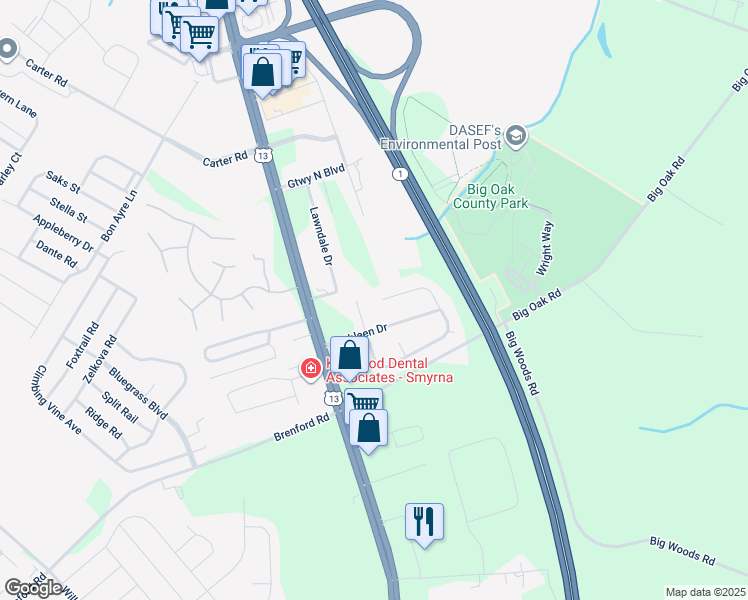 map of restaurants, bars, coffee shops, grocery stores, and more near 164 Mary Ella Court in Smyrna