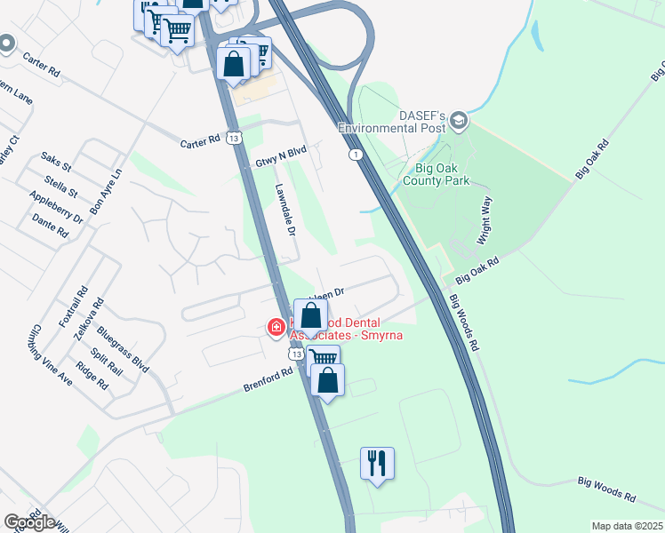 map of restaurants, bars, coffee shops, grocery stores, and more near 164 Mary Ella Court in Smyrna