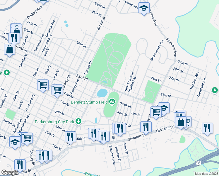 map of restaurants, bars, coffee shops, grocery stores, and more near 2188 23rd Street in Parkersburg