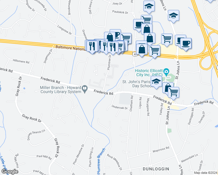 map of restaurants, bars, coffee shops, grocery stores, and more near 3569 Plum Tree Drive in Ellicott City