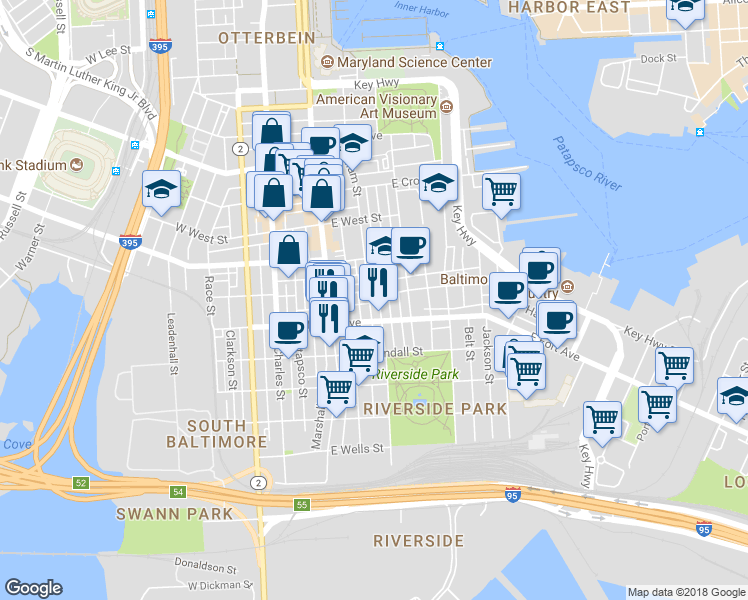 map of restaurants, bars, coffee shops, grocery stores, and more near 1425 William Street in Baltimore