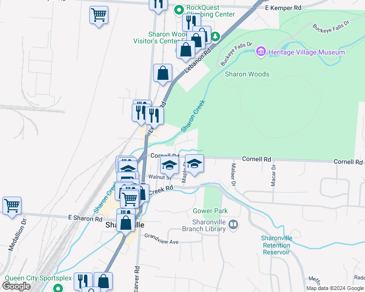 map of restaurants, bars, coffee shops, grocery stores, and more near 3530 Cornell Road in Cincinnati