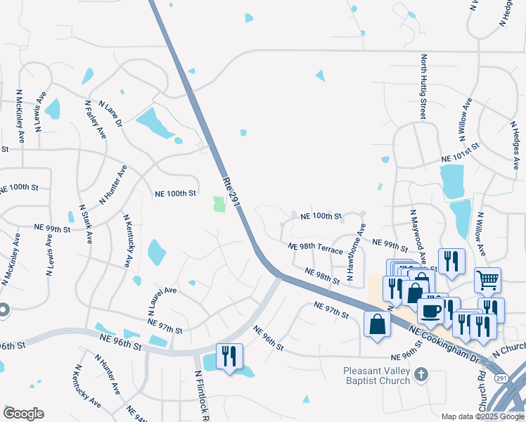 map of restaurants, bars, coffee shops, grocery stores, and more near 10004 North Oxford Court in Kansas City