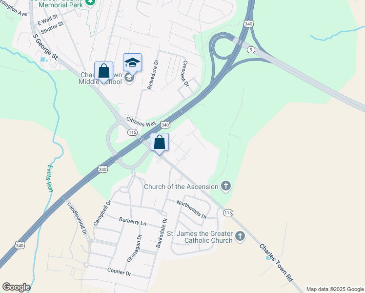 map of restaurants, bars, coffee shops, grocery stores, and more near 34 Barley Lane in Charles Town