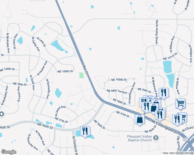 map of restaurants, bars, coffee shops, grocery stores, and more near 10004 North Oxford Court in Kansas City