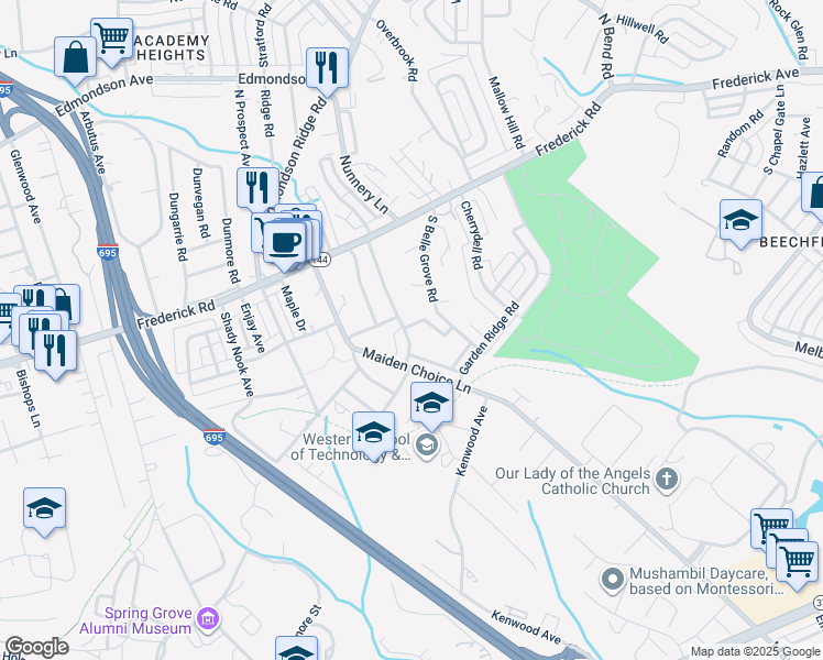 map of restaurants, bars, coffee shops, grocery stores, and more near 201 South Symington Avenue in Catonsville