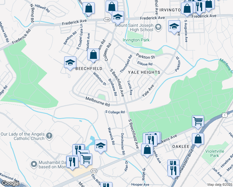 map of restaurants, bars, coffee shops, grocery stores, and more near 643 Brisbane Road in Baltimore