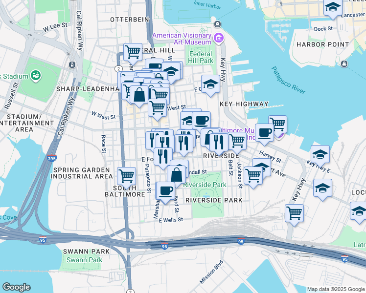 map of restaurants, bars, coffee shops, grocery stores, and more near 1425 William Street in Baltimore