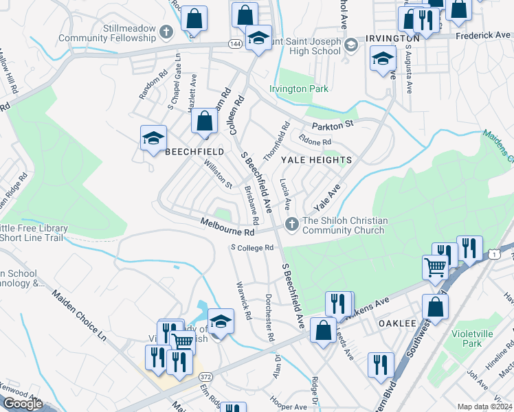 map of restaurants, bars, coffee shops, grocery stores, and more near 643 Brisbane Road in Baltimore