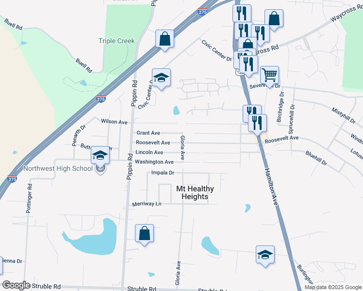 map of restaurants, bars, coffee shops, grocery stores, and more near 2507 Roosevelt Avenue in Cincinnati