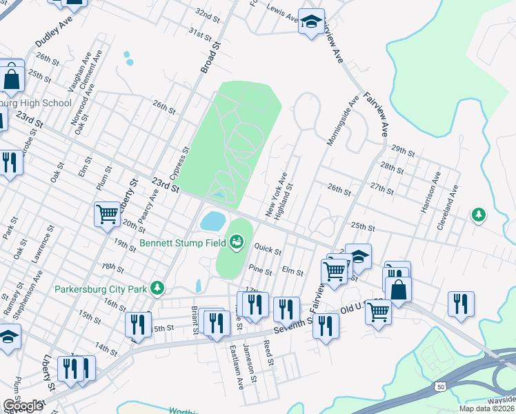 map of restaurants, bars, coffee shops, grocery stores, and more near 2307 Brooklyn Ave in Parkersburg