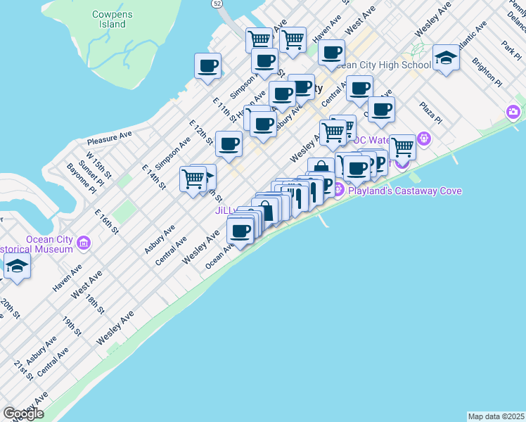 map of restaurants, bars, coffee shops, grocery stores, and more near 1213 Ocean Avenue in Ocean City