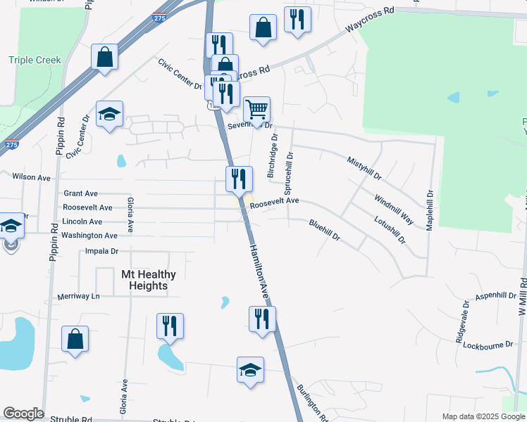 map of restaurants, bars, coffee shops, grocery stores, and more near 10794 Hamilton Avenue in Cincinnati