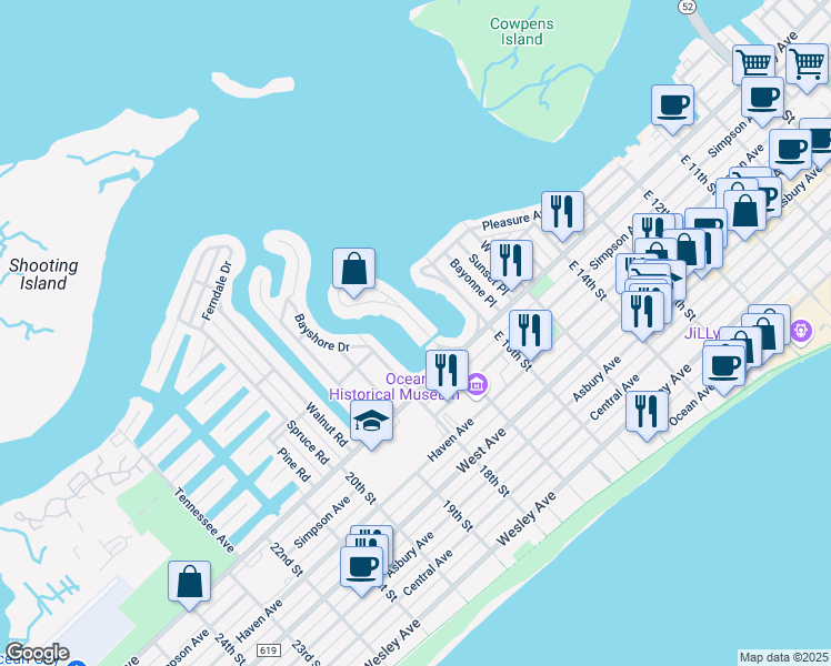 map of restaurants, bars, coffee shops, grocery stores, and more near 46-48 West 17th Street in Ocean City