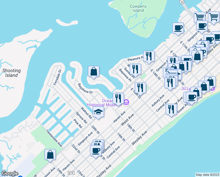map of restaurants, bars, coffee shops, grocery stores, and more near 46-48 West 17th Street in Ocean City