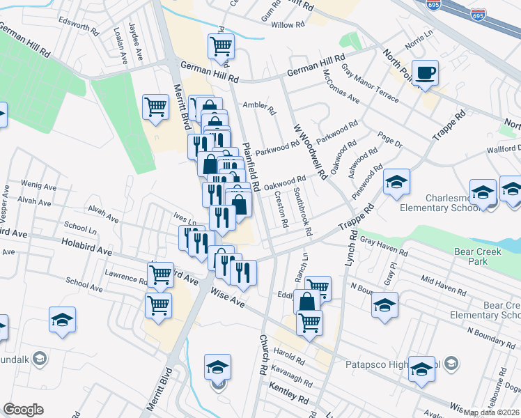 map of restaurants, bars, coffee shops, grocery stores, and more near 2836 Plainfield Road in Dundalk