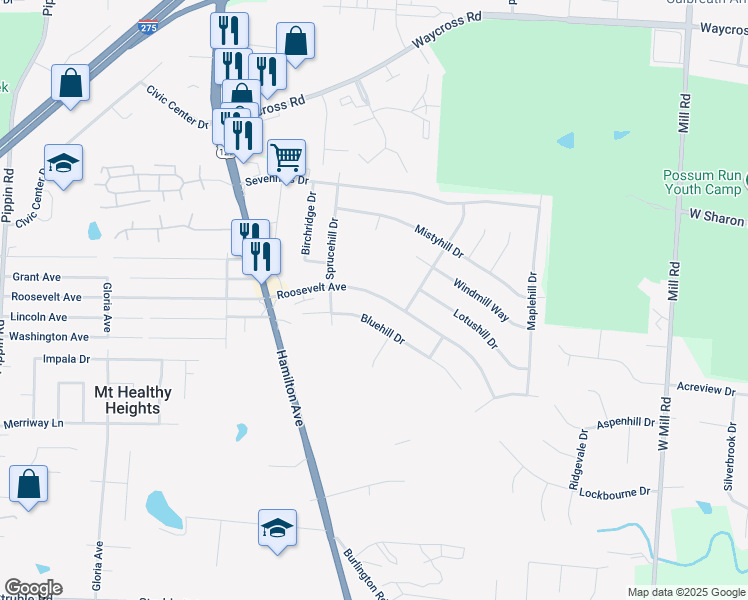 map of restaurants, bars, coffee shops, grocery stores, and more near 2041 Roosevelt Avenue in Cincinnati