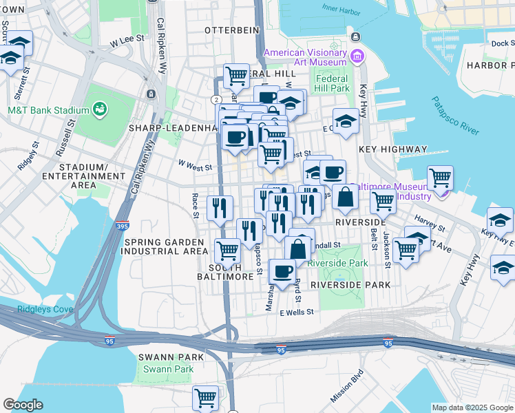 map of restaurants, bars, coffee shops, grocery stores, and more near 1427 Patapsco Street in Baltimore