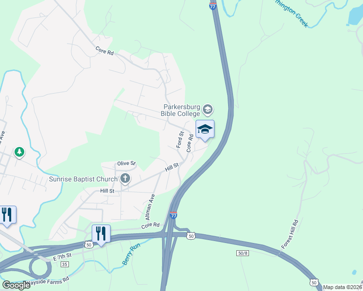 map of restaurants, bars, coffee shops, grocery stores, and more near 910 Core Road in Parkersburg
