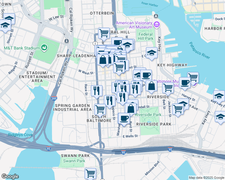 map of restaurants, bars, coffee shops, grocery stores, and more near 1427 Patapsco Street in Baltimore