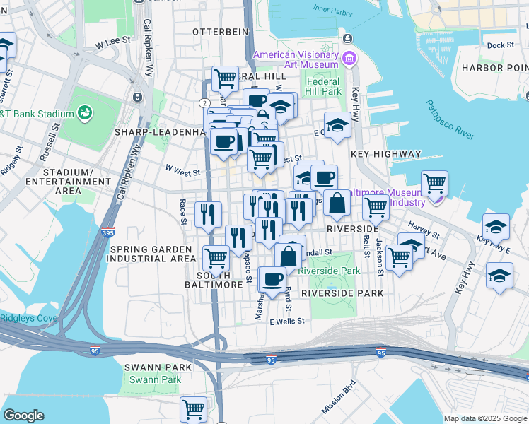 map of restaurants, bars, coffee shops, grocery stores, and more near 1420 Light Street in Baltimore