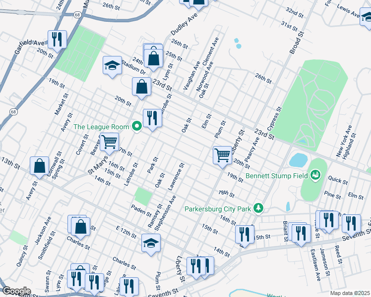 map of restaurants, bars, coffee shops, grocery stores, and more near 1628 19th Street in Parkersburg