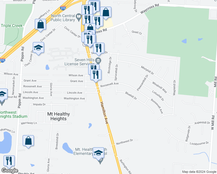 map of restaurants, bars, coffee shops, grocery stores, and more near 10794 Hamilton Avenue in Cincinnati