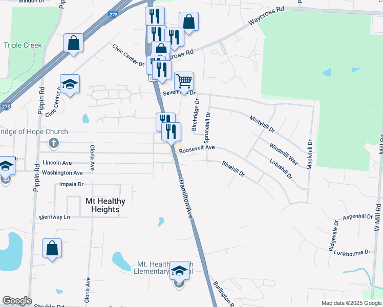 map of restaurants, bars, coffee shops, grocery stores, and more near 10794 Hamilton Avenue in Cincinnati