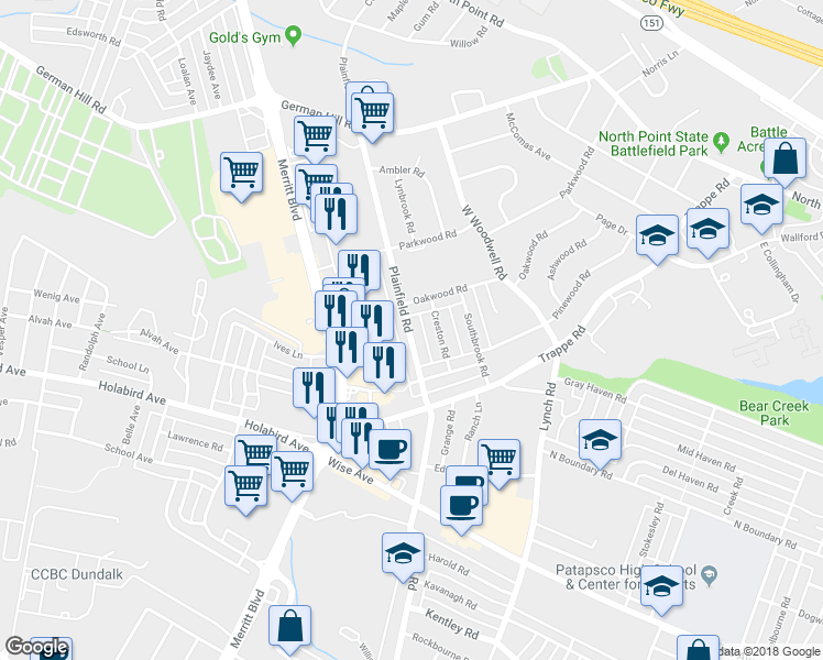 map of restaurants, bars, coffee shops, grocery stores, and more near 2835 Plainfield Road in Dundalk