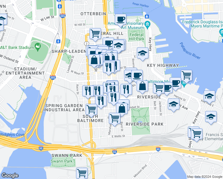 map of restaurants, bars, coffee shops, grocery stores, and more near 1418 Light Street in Baltimore