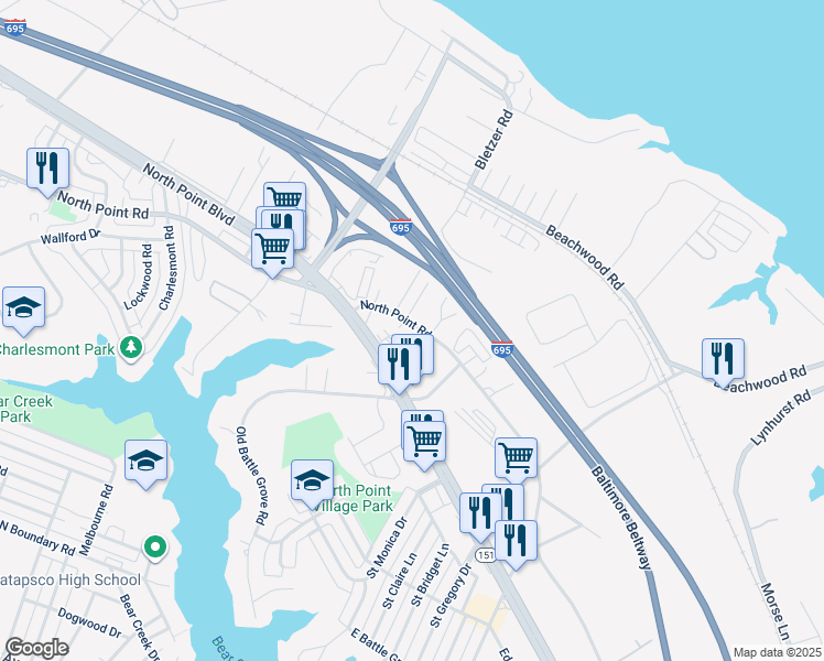map of restaurants, bars, coffee shops, grocery stores, and more near 3933 North Point Road in Dundalk