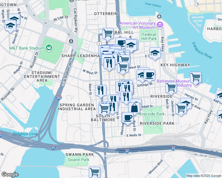 map of restaurants, bars, coffee shops, grocery stores, and more near 1341 South Charles Street in Baltimore