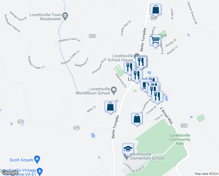 map of restaurants, bars, coffee shops, grocery stores, and more near 6 Oakfield Drive in Lovettsville