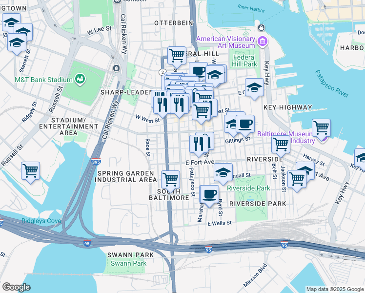 map of restaurants, bars, coffee shops, grocery stores, and more near 1341 South Charles Street in Baltimore