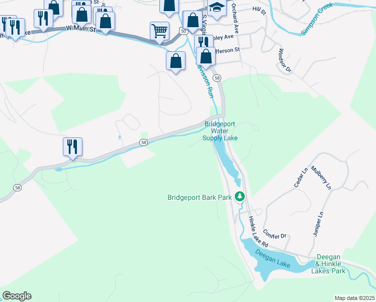 map of restaurants, bars, coffee shops, grocery stores, and more near 2570 Anmoore Road in Bridgeport